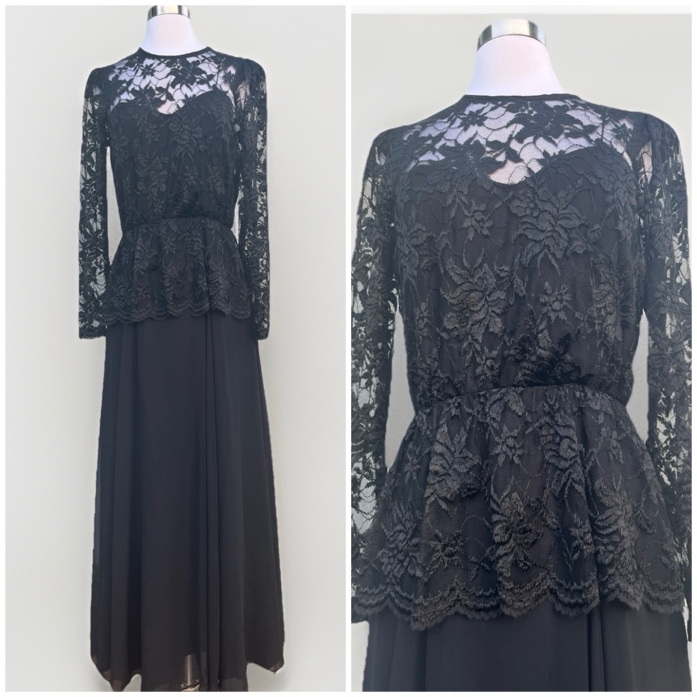 Vintage Miss Elliette Goth Victorian Lace Peplum Maxi Dress Gown VTG 8